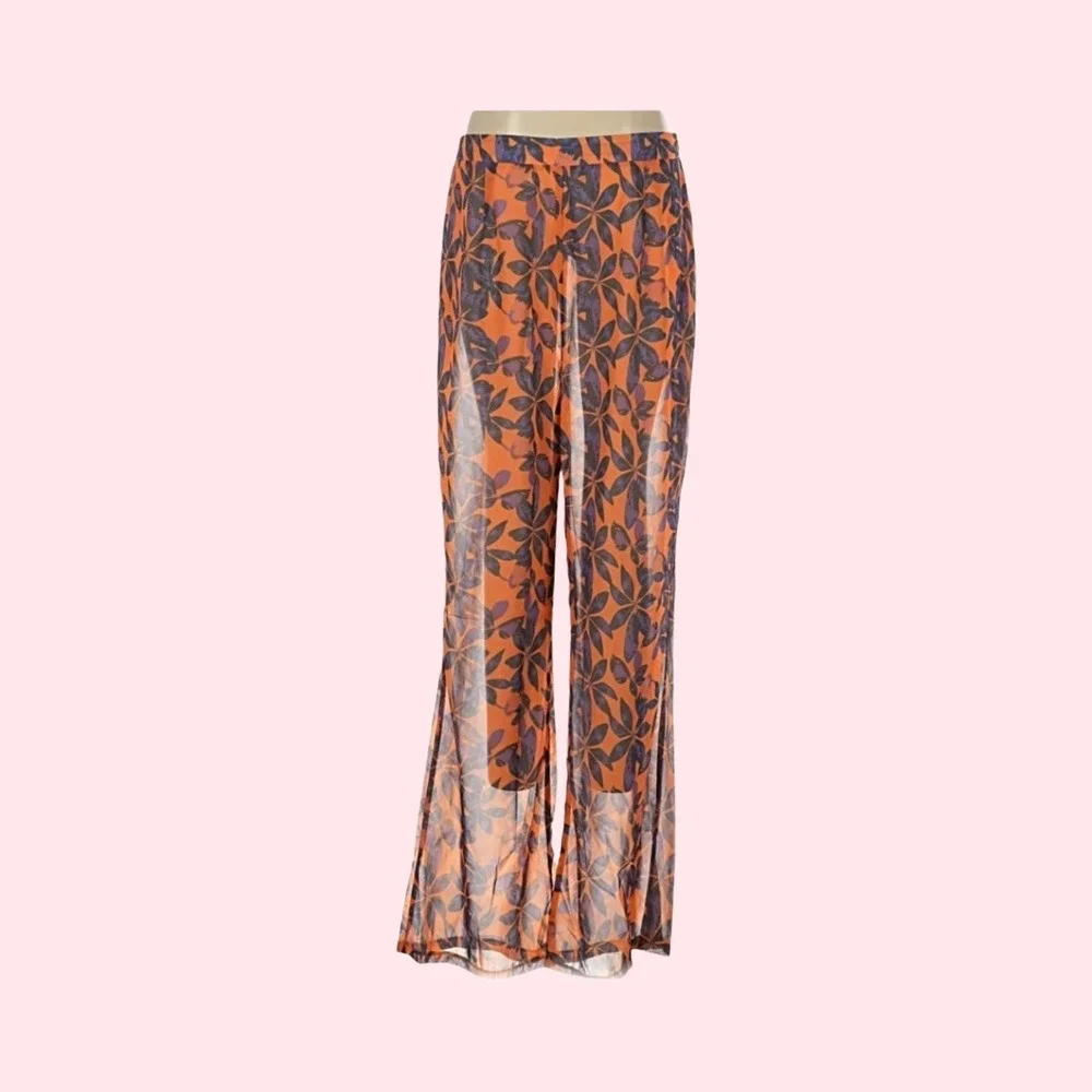 PrettyLittleThing Orange Floral‎ Sheer Wide Leg Pants Beach Cover Up Size 12